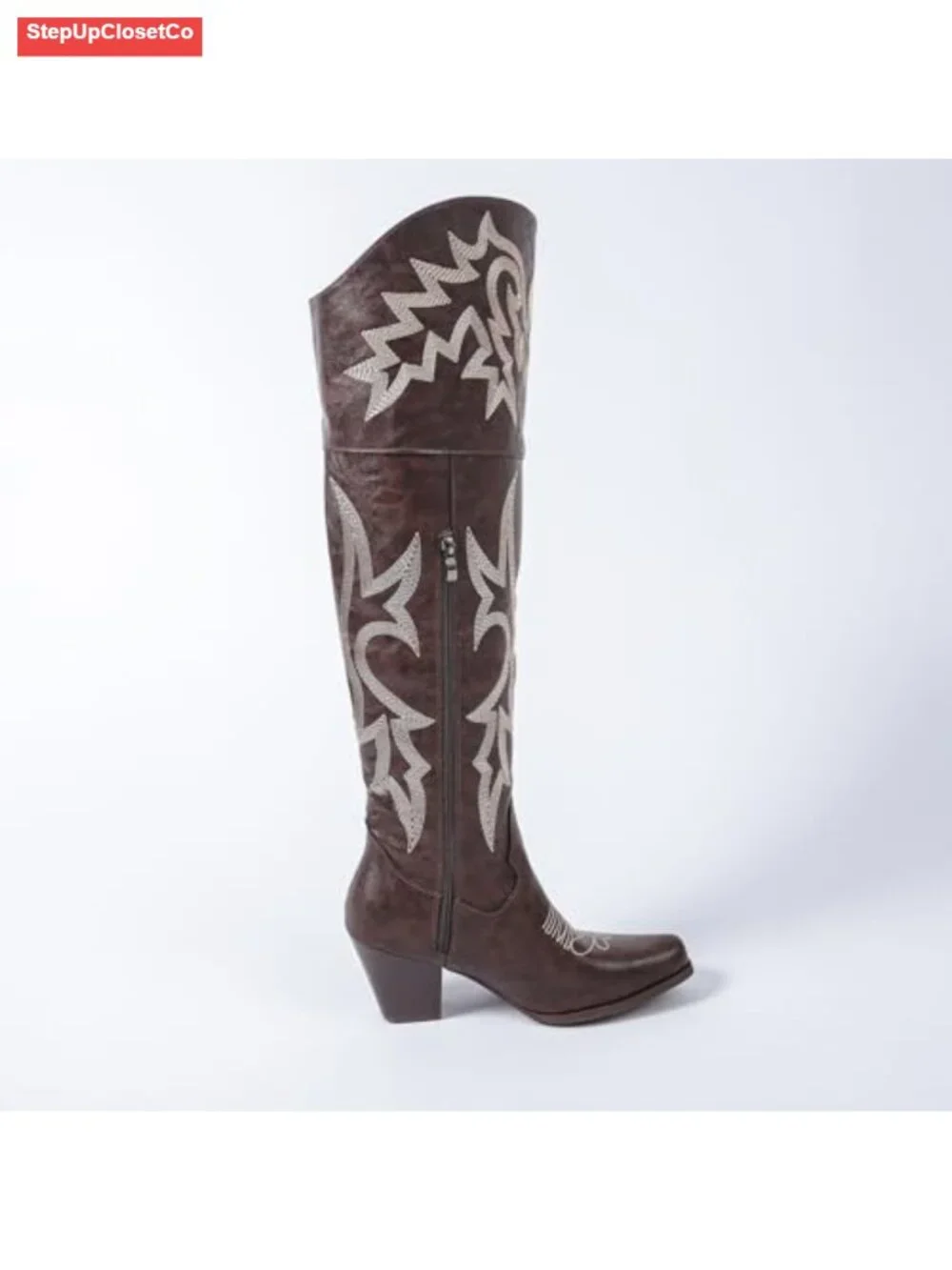 Embroidered Over-the-Knee Cowboy Boots Square Toe PU Leather Chunky Heel